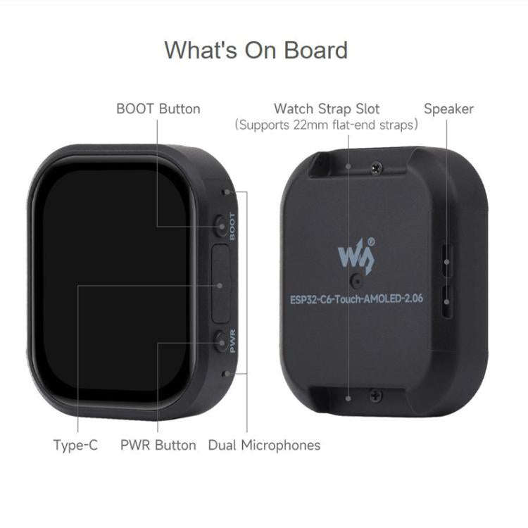 WAVESHARE ESP32-C6 2.06 Inch AMOLED Touch Watch Development Board, 410x502 Pixels, With Lithium B...