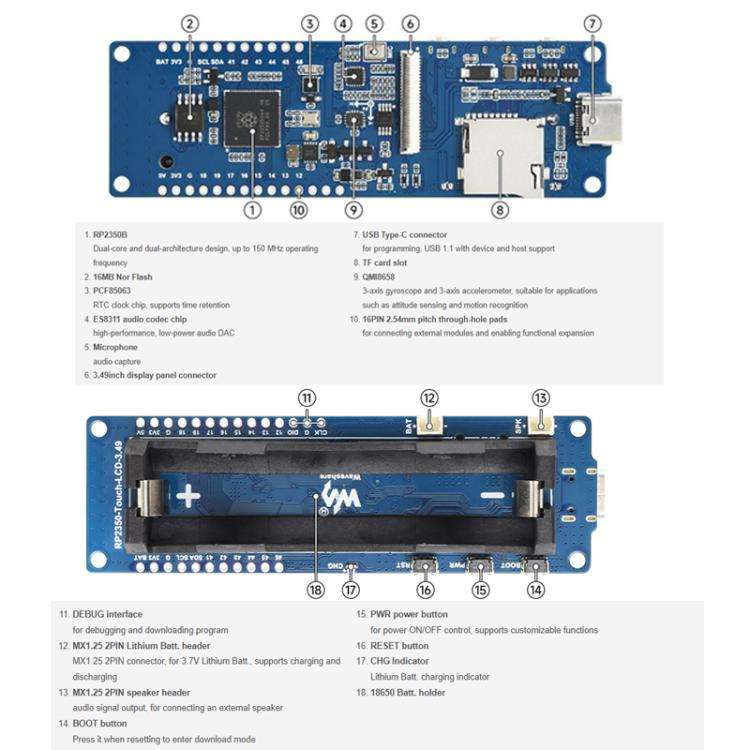WAVESHARE 3.49 Nch Capacitive Touch Display RP2350 High Performance Development Board 172 X 640 D...