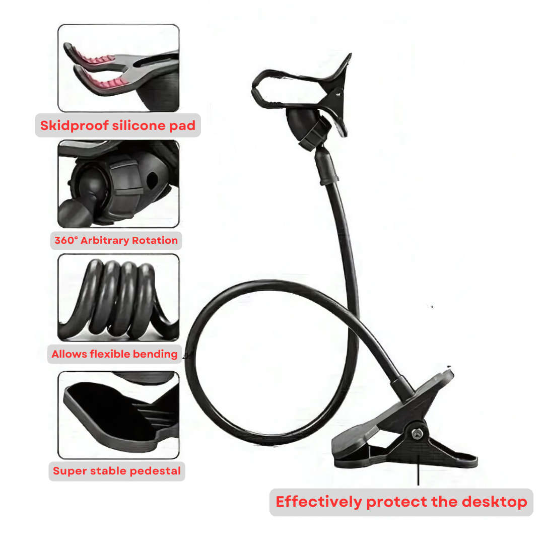 Flexible Lazy Mobile Phone Holder, Flexible Gooseneck Long Arm Clip (Black)