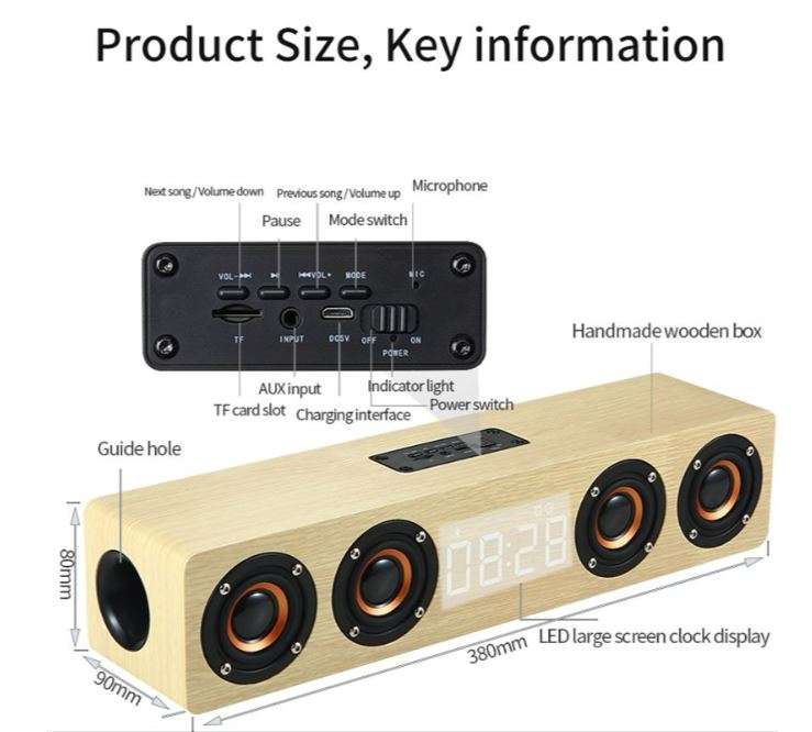 TruSound 8C High-End Wooden Clock Subwoofer Bluetooth Speaker