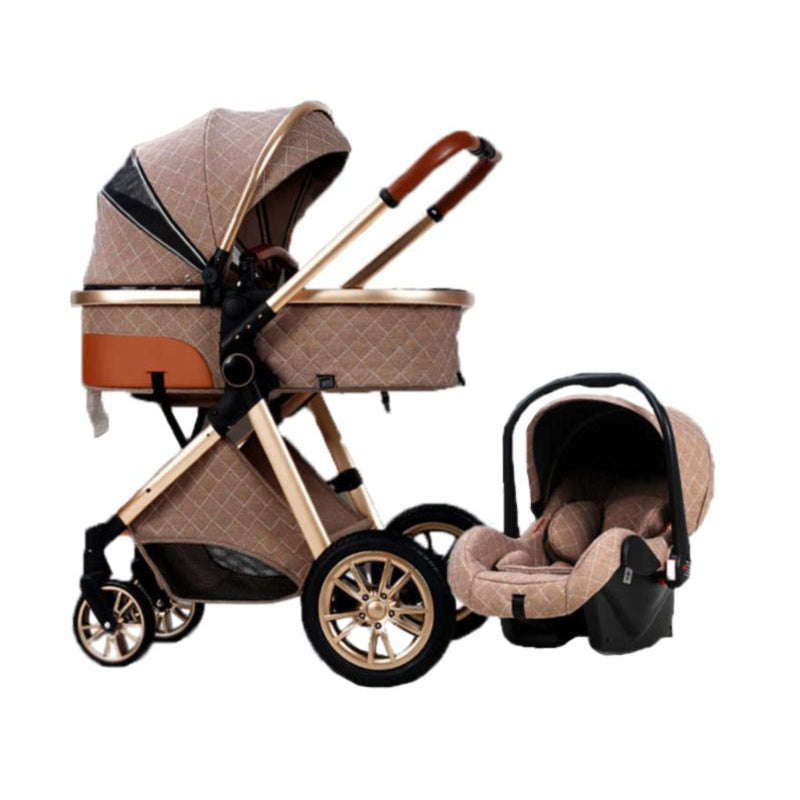 Multi-Functional 3 in 1 High Eggshell Pram and Folding Baby Stroller- navy blue-Brown-Beige