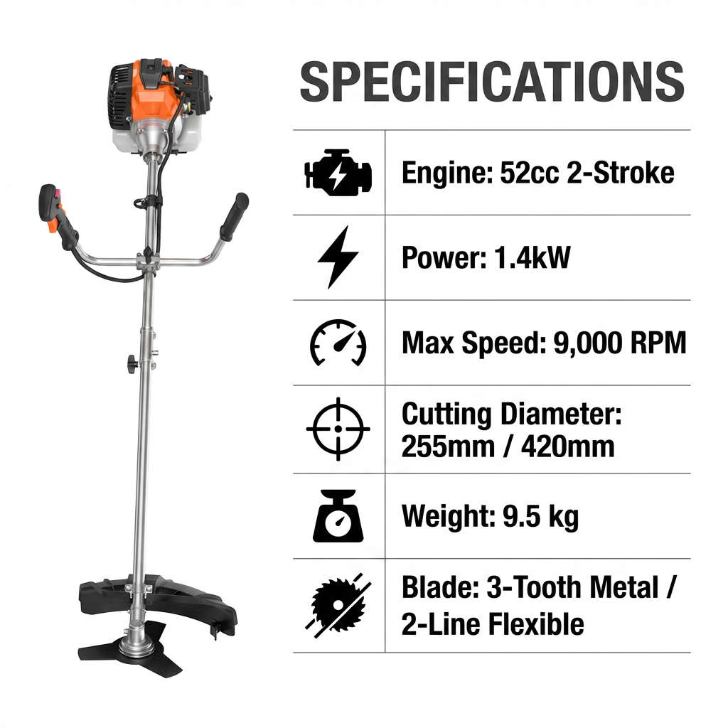 YARD FORCE 52cc Petrol Brush Cutter Grass Trimmer 2-in-1 Easy Start