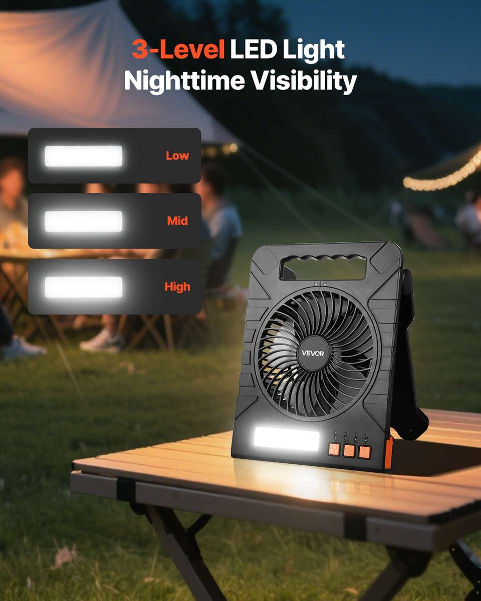 10000mAh Solar Rechargeable Cordless Camping Fan LED Light