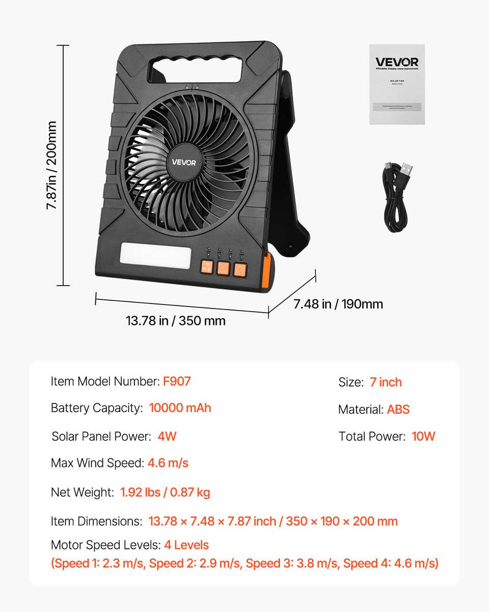 10000mAh Solar Rechargeable Cordless Camping Fan LED Light