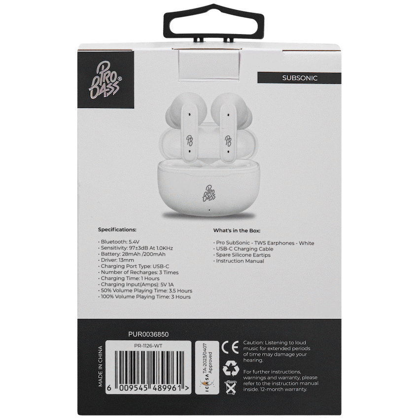 Pro Bass SubSonic TWS Earphone - White