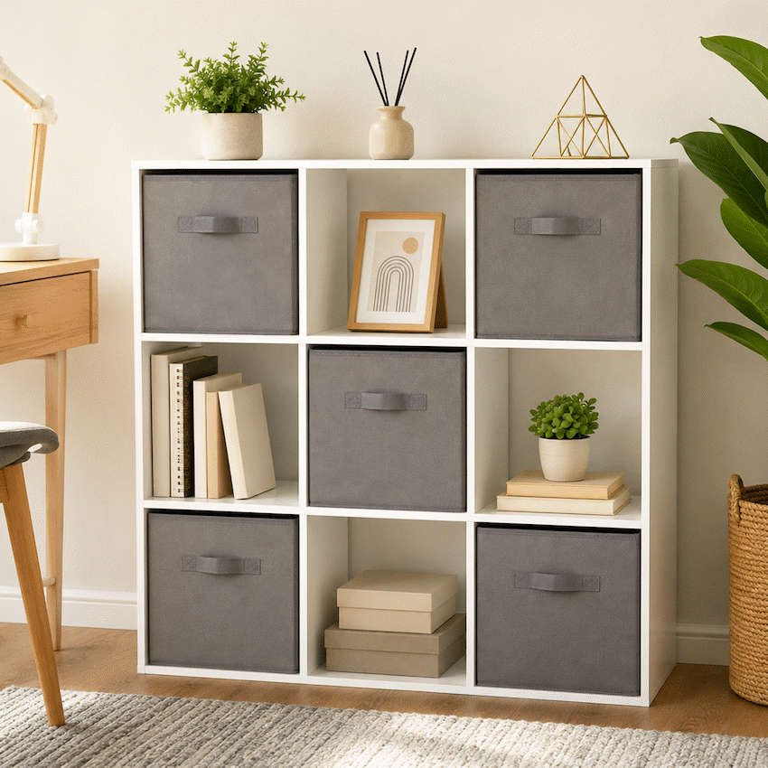 Everfurn Ninefold Bookshelf with 5 Storage Bins