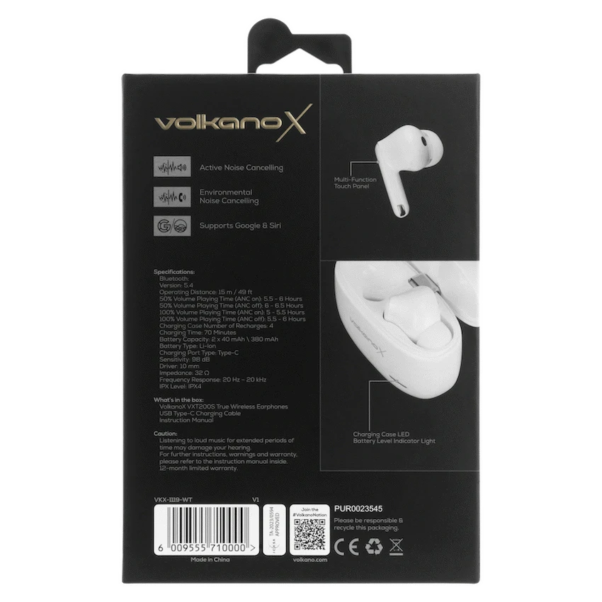 VolkanoX VXT200S Hybrid ANC TWS Earphones - White