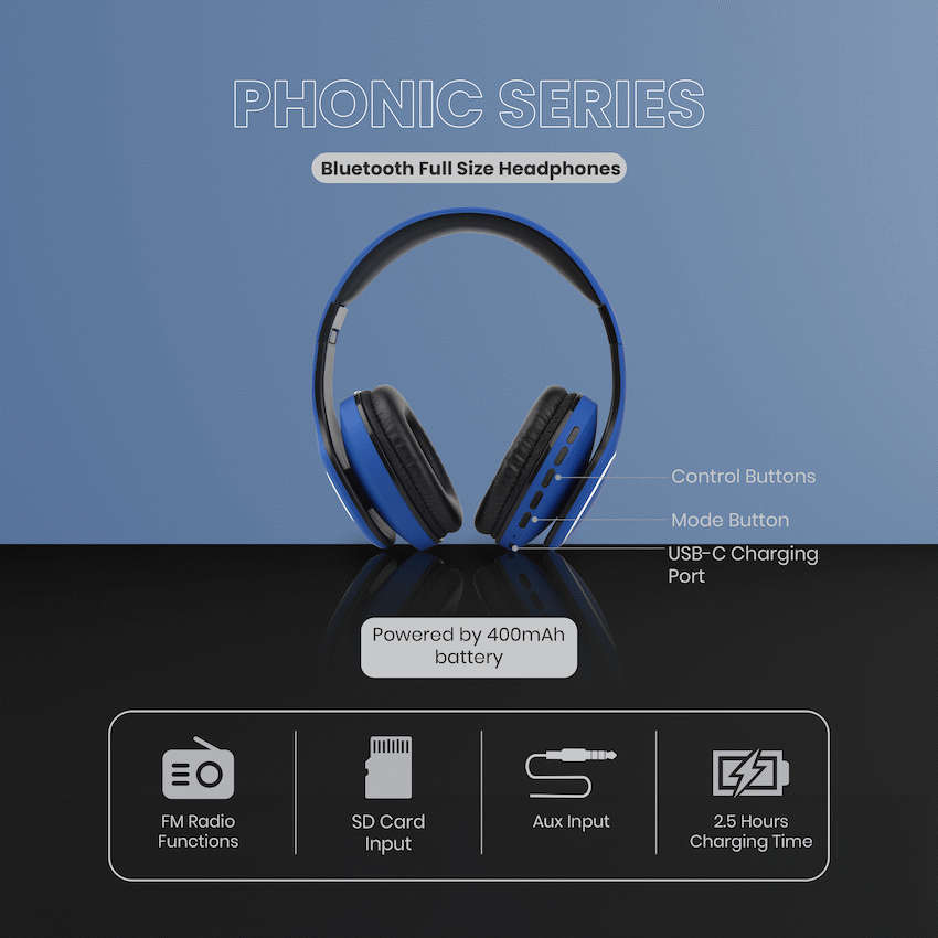 Volkano Phonic Series Bluetooth Full Size Headphones - Blue