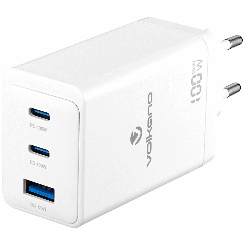 Volkano WattPro Series Triple Port 100W GaN Wall Charger - White