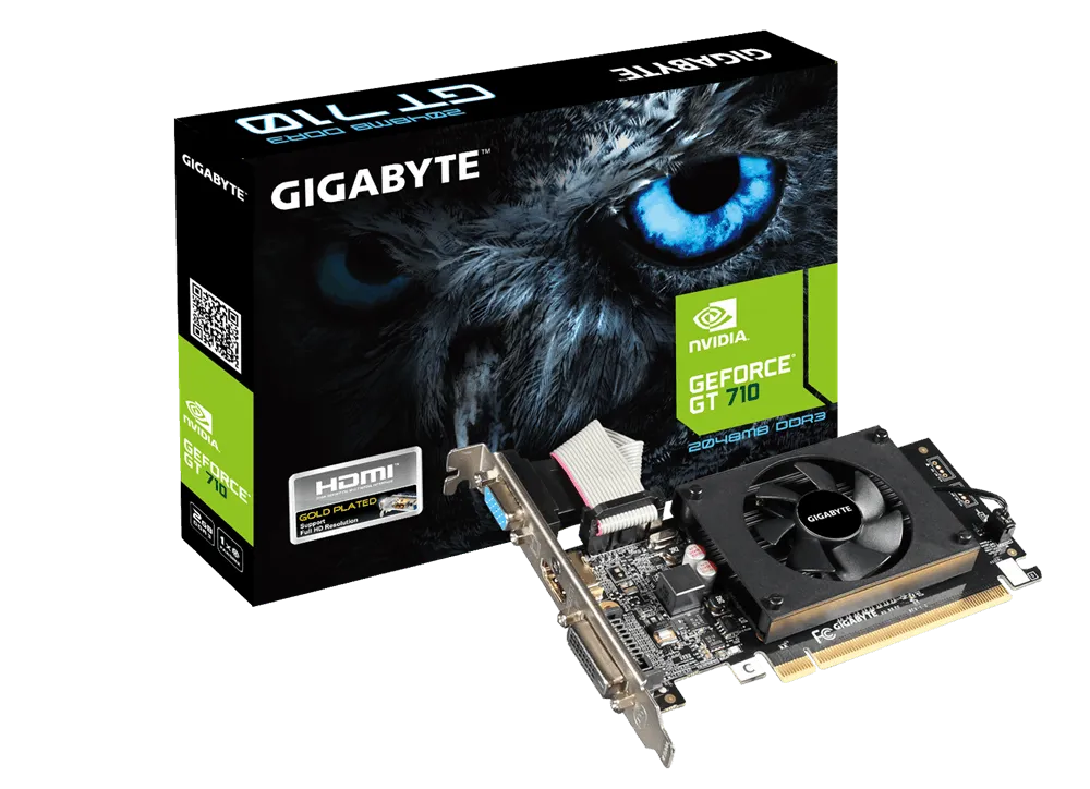 GIGABYTE Graphics nVidia GeForce® GT 710 2GB GDDR3 64Bit . 1x Dual-Link DVI-D; 1x HDMI; 1x VGA; ...