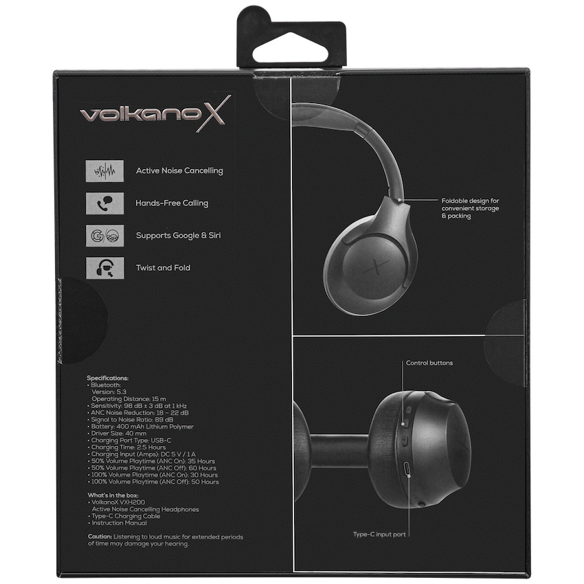 VolkanoX VXH200 Bluetooth Headphones with ANC - Black