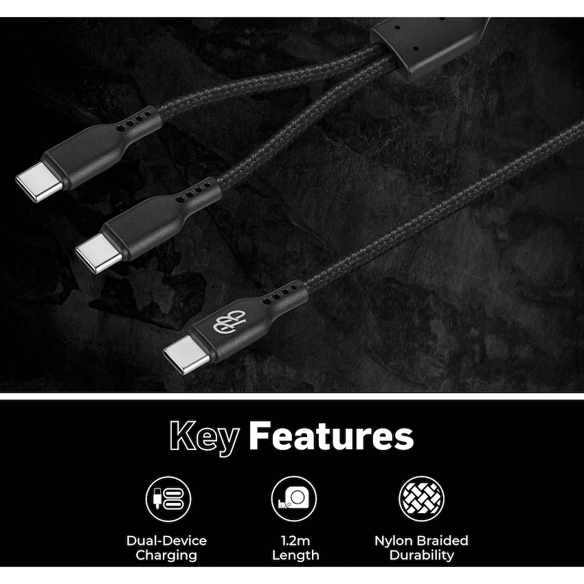 Pro Bass Cord Series 1.2m 15w USB-C to 2x USB-C Braided - Black