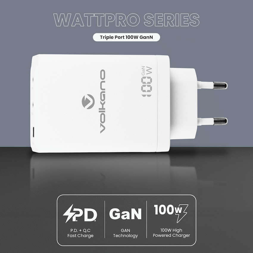 Volkano WattPro Series Triple Port 100W GaN Wall Charger - White