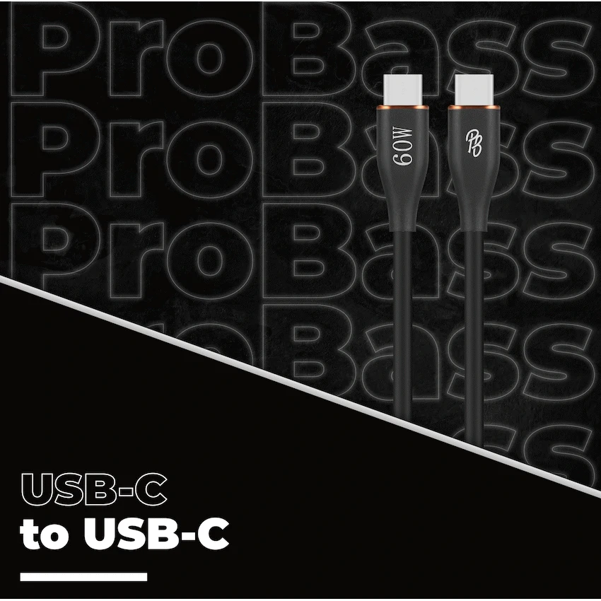 Pro Bass FlexiCord Series 2m 60w Type-C to Type-C Charging Cable - Black