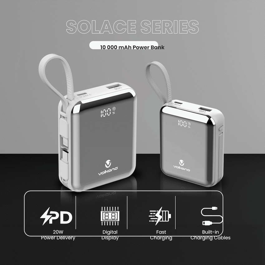 Volkano Solace Series 10 000 mAh Power Bank with Built-in USB-C & Lightning Cable - White & Silver