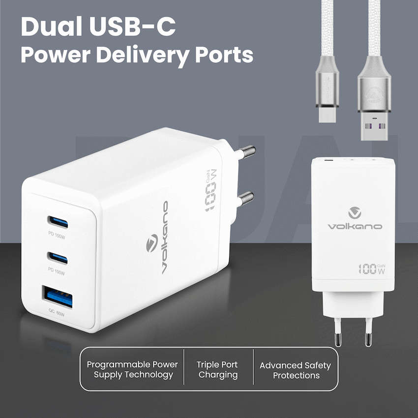 Volkano WattPro Series Triple Port 100W GaN Wall Charger - White