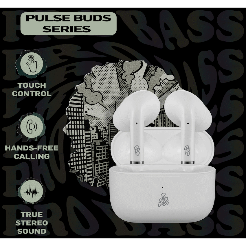 Pro Bass Pulse Buds True Wireless Earphones with Charging Case - White