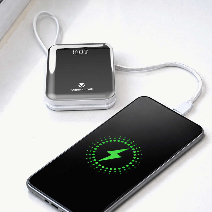 Volkano Solace Series 10 000 mAh Power Bank with Built-in USB-C & Lightning Cable - White & Silver