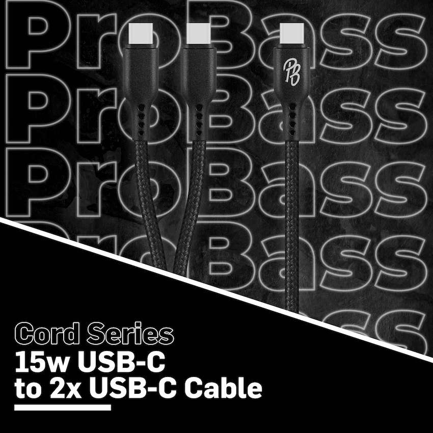 Pro Bass Cord Series 1.2m 15w USB-C to 2x USB-C Braided - Black