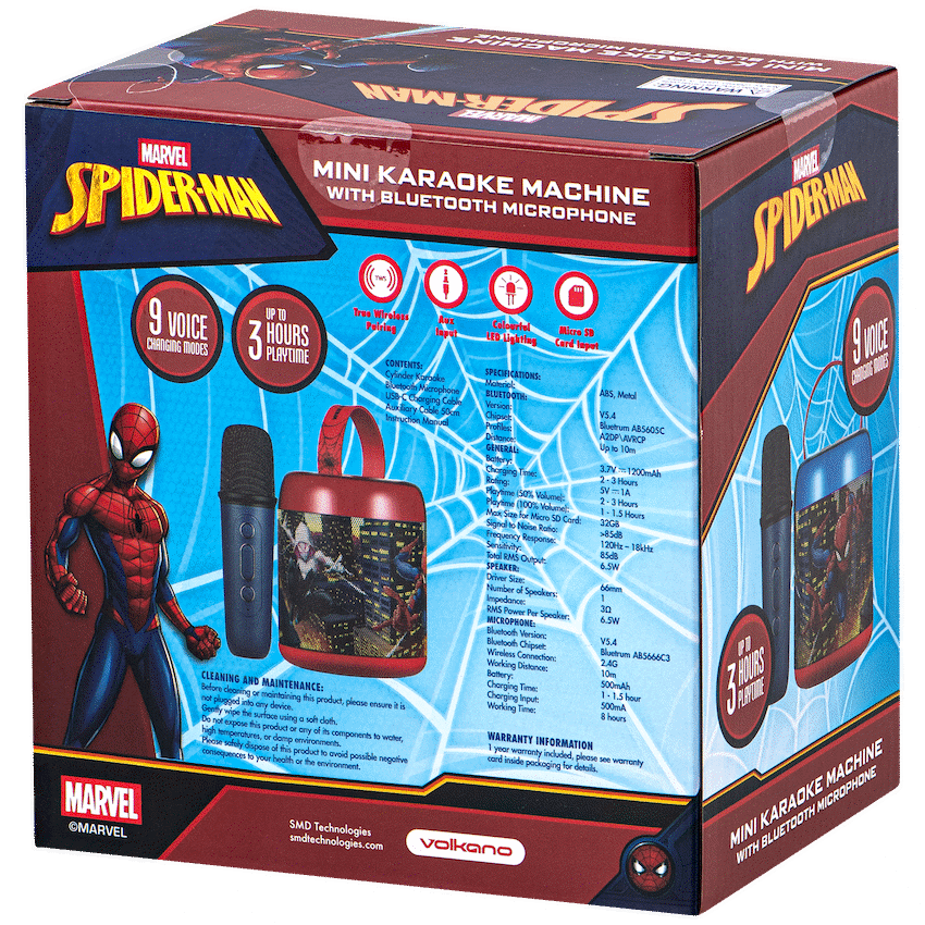 Marvel Spider-Man Cylinder Karaoke Speaker with Bluetooth Microphone