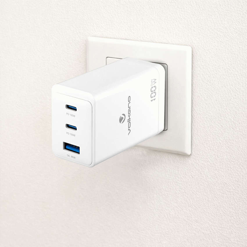 Volkano WattPro Series Triple Port 100W GaN Wall Charger - White