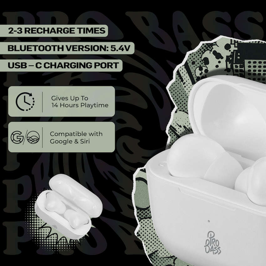 Pro Bass Pulse Buds True Wireless Earphones with Charging Case - White