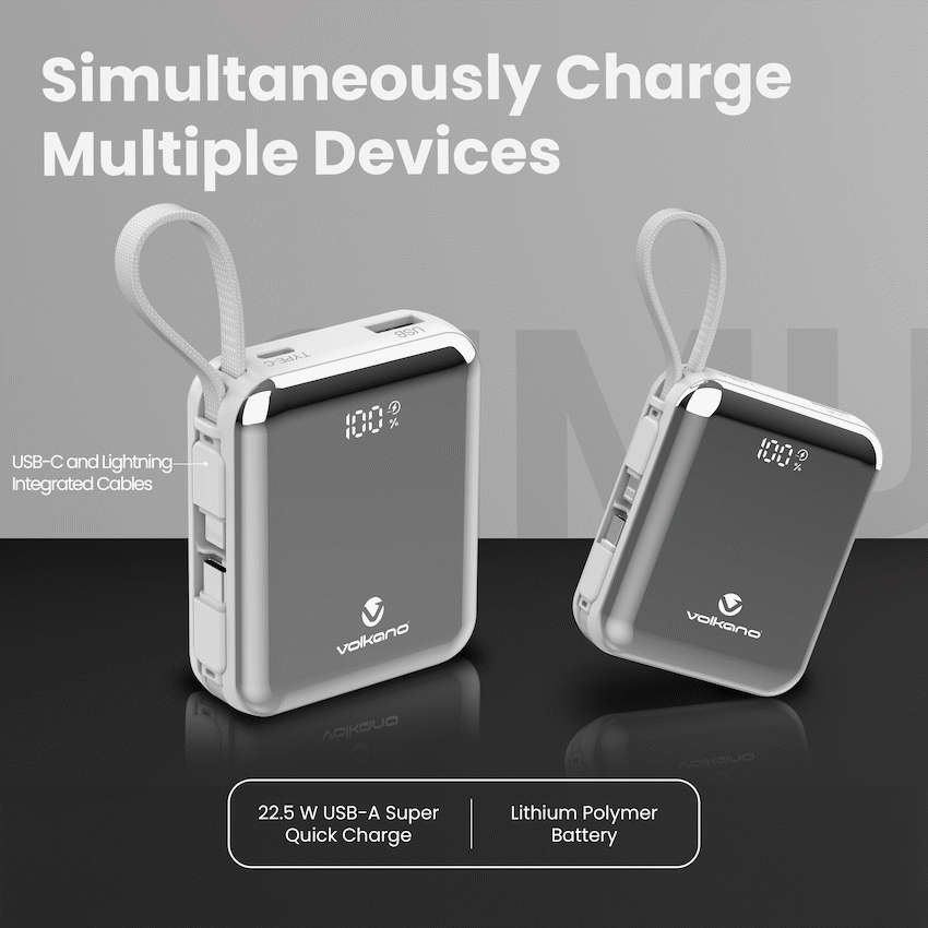 Volkano Solace Series 10 000 mAh Power Bank with Built-in USB-C & Lightning Cable - White & Silver