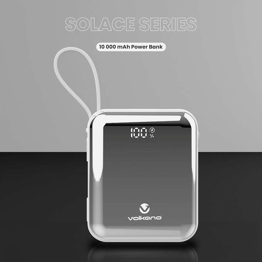 Volkano Solace Series 10 000 mAh Power Bank with Built-in USB-C & Lightning Cable - White & Silver