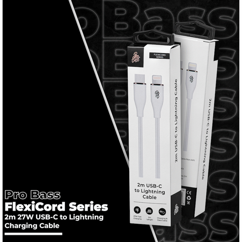 Pro Bass FlexiCord Series 2m 27w Type-C to Lightning Charging Cable - White