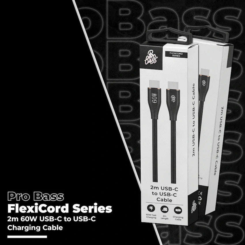 Pro Bass FlexiCord Series 2m 60w Type-C to Type-C Charging Cable - Black