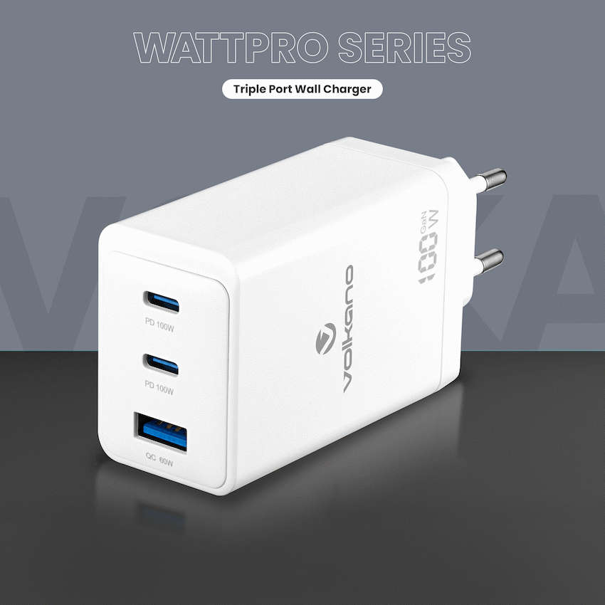 Volkano WattPro Series Triple Port 100W GaN Wall Charger - White