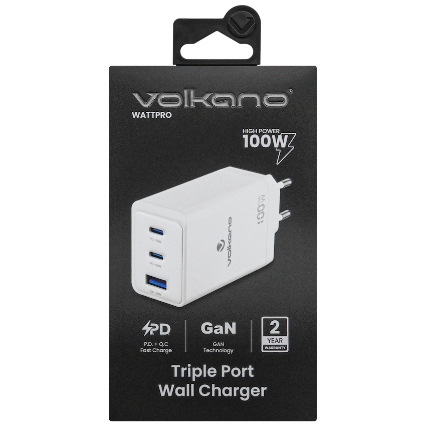 Volkano WattPro Series Triple Port 100W GaN Wall Charger - White