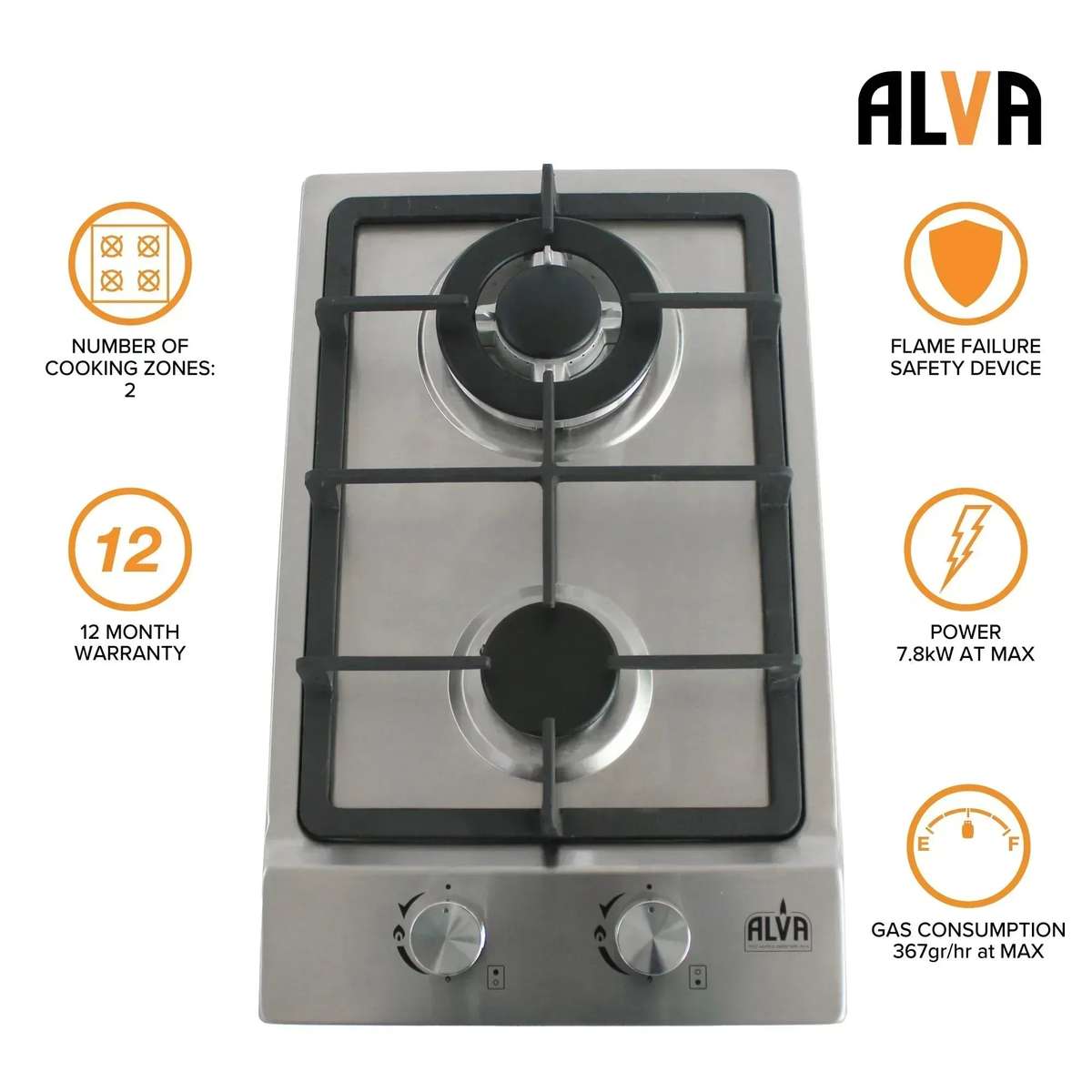 Alva 30cm 2-Burner Gas Hob - Stainless Steel