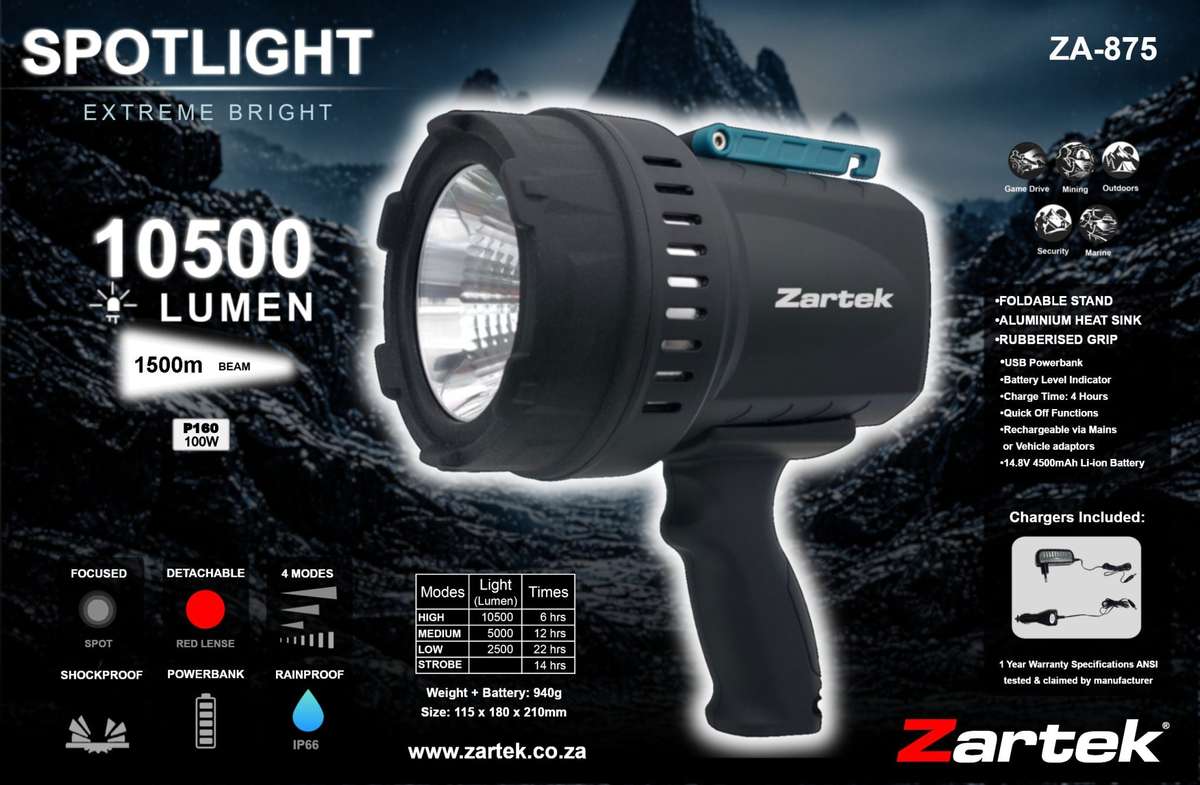 Zartek ZA875 Rechargeable Extreme Bright LED Spotlight