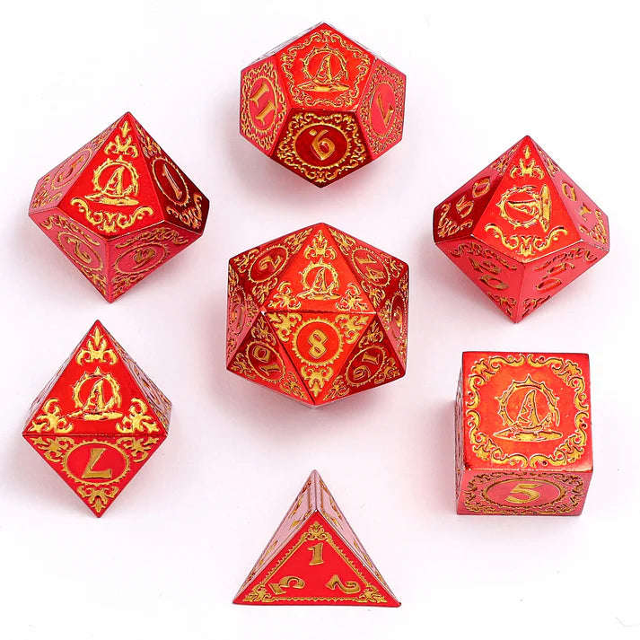 Wizard Solid Metal Polyhedral Dice Set Red w/Gold (Dice Sets & Games)