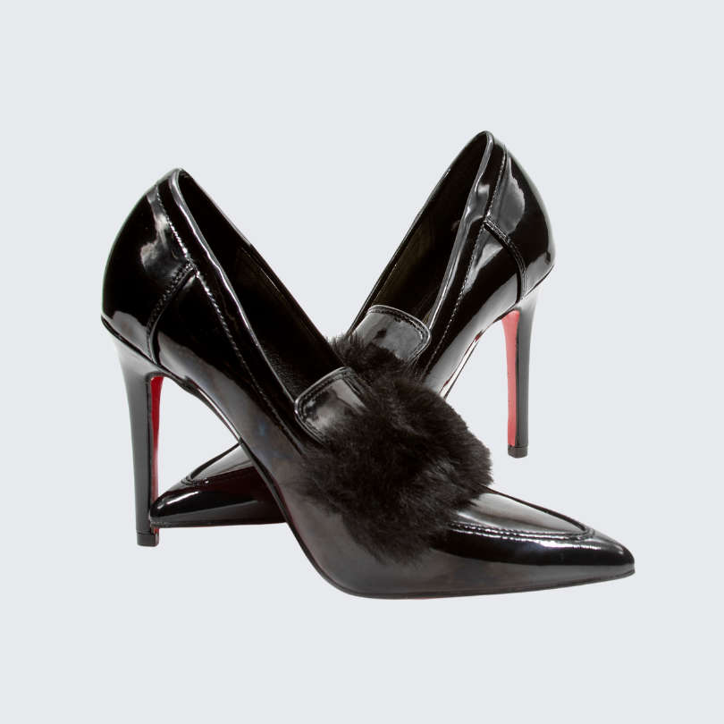 Fur Red Bottom Heels - BLACK / 4