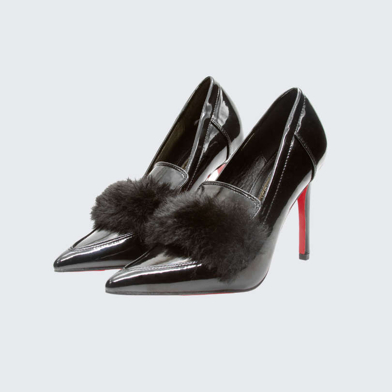Fur Red Bottom Heels - BLACK / 4