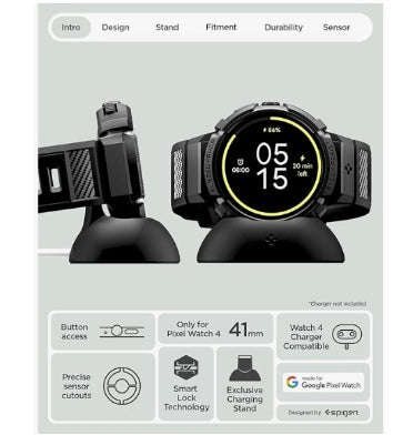 GOOGLE PIXEL WATCH 5 PREMIUM RUGGED ARMOR PRO CASE 45MM BLACK WITH CHARGER STAND | SPIGEN