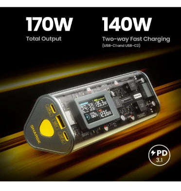 SHARGEEK 170 24000MAH PD3.1 PORTABLE CHARGER WITH SMART DISPLAY GRAY/TRANSPARENT