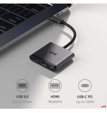 USB-C TO HDMI 4K 3in1 ADAPTER NYLON BRAIDED CABLE BLACK | UNI