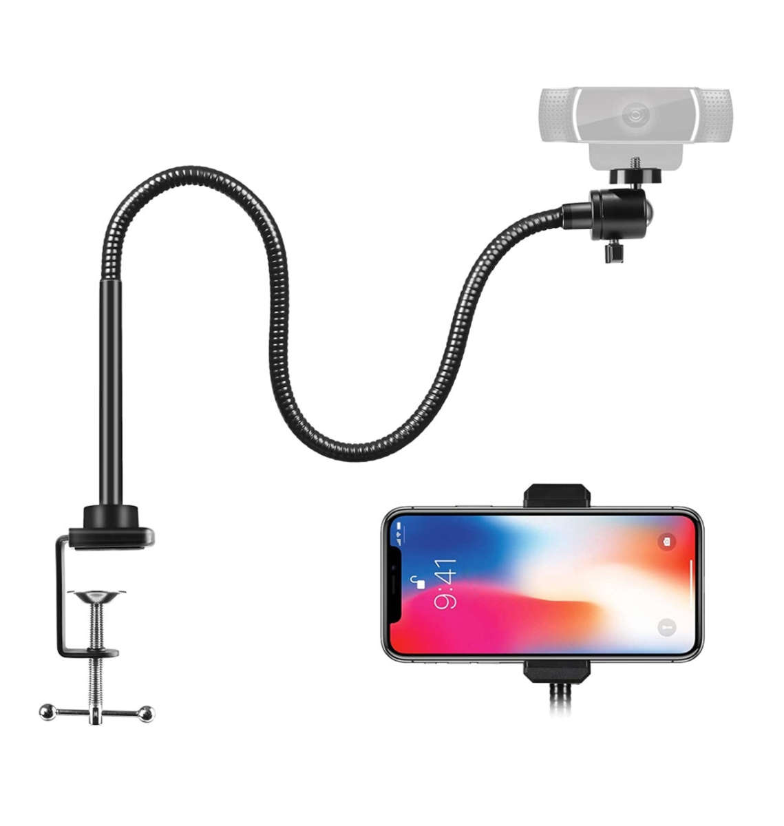 GOOSENECK FLEXIBLE ARM WEBCAM MOUNT WITH ADJUSTABLE CLAMP BLACK | PUROMA