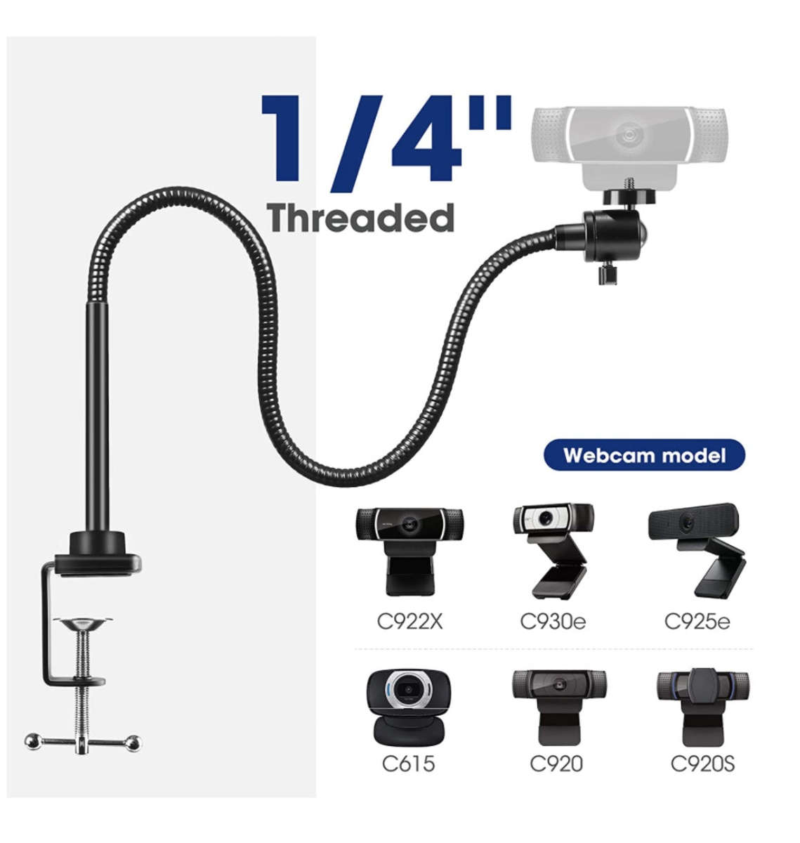 GOOSENECK FLEXIBLE ARM WEBCAM MOUNT WITH ADJUSTABLE CLAMP BLACK | PUROMA