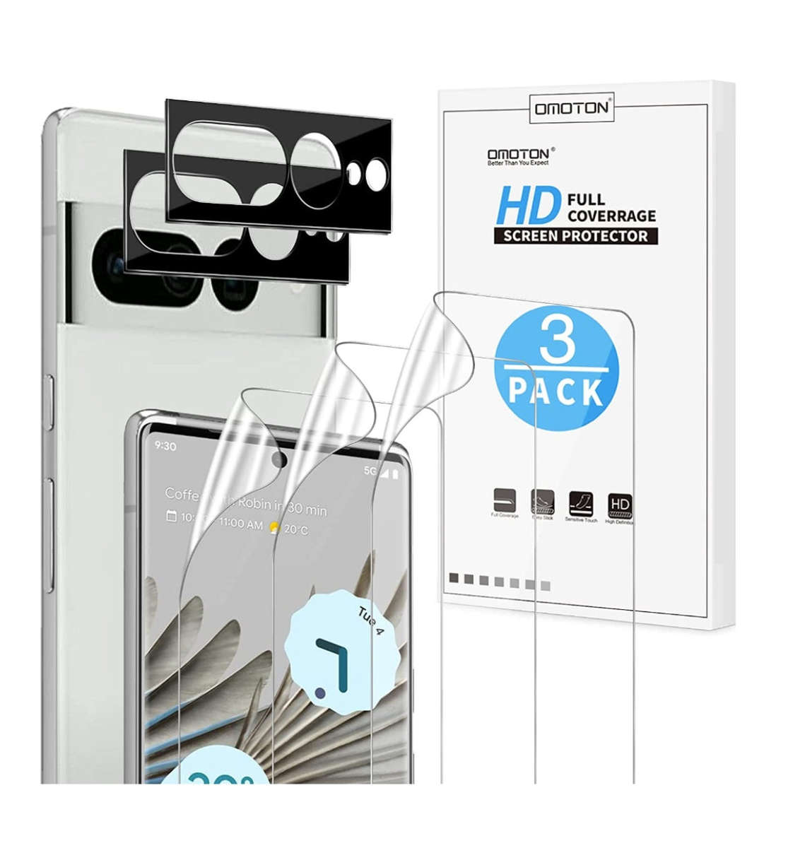 GOOGLE PIXEL 7 PRO PREMIUM FILM SCREEN PROTECTOR AND CAMERA LENS PROTECTOR 5PK | OMOTON