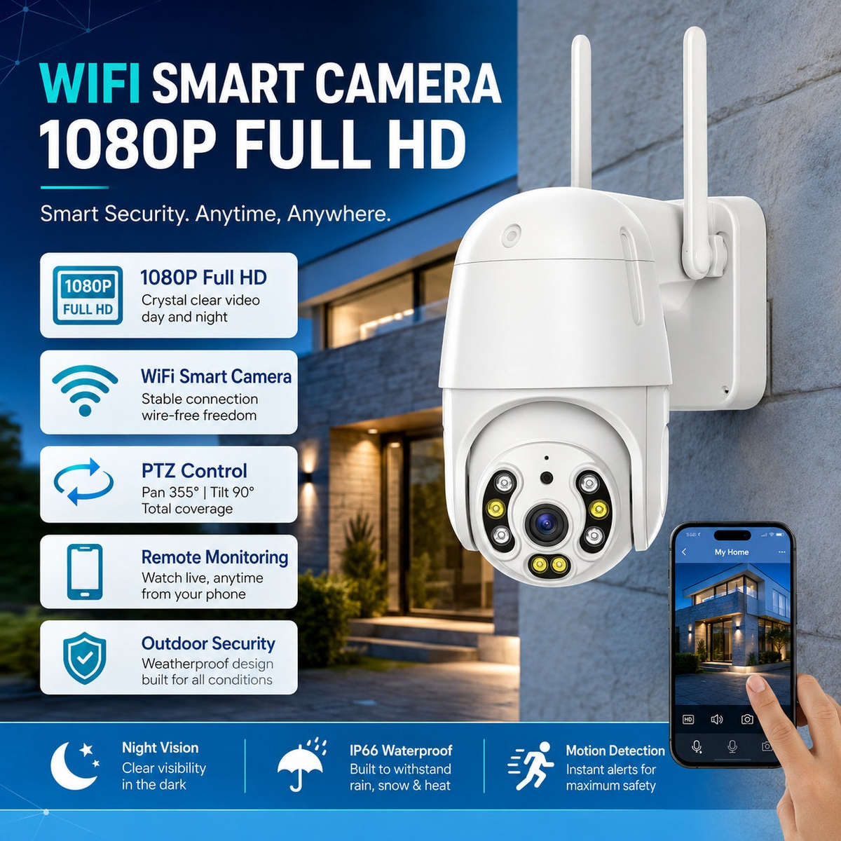 1080P WiFi Smart Security Camera with Dual Antennas, PTZ Rotation, Night Vision, Motion Detection...