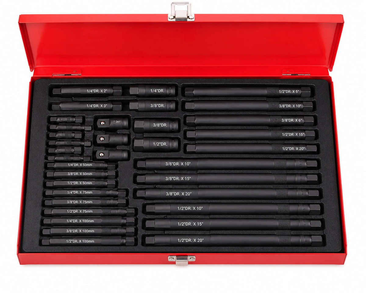 Socket Extension Bar & Adapter Set in Red Metal Storage Case  1/4", 3/8" & 1/2" Drive Extensio...