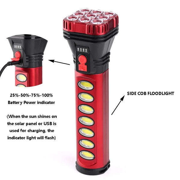18W Rechargeable Solar Powered 9 LED +7 COB Flashlight