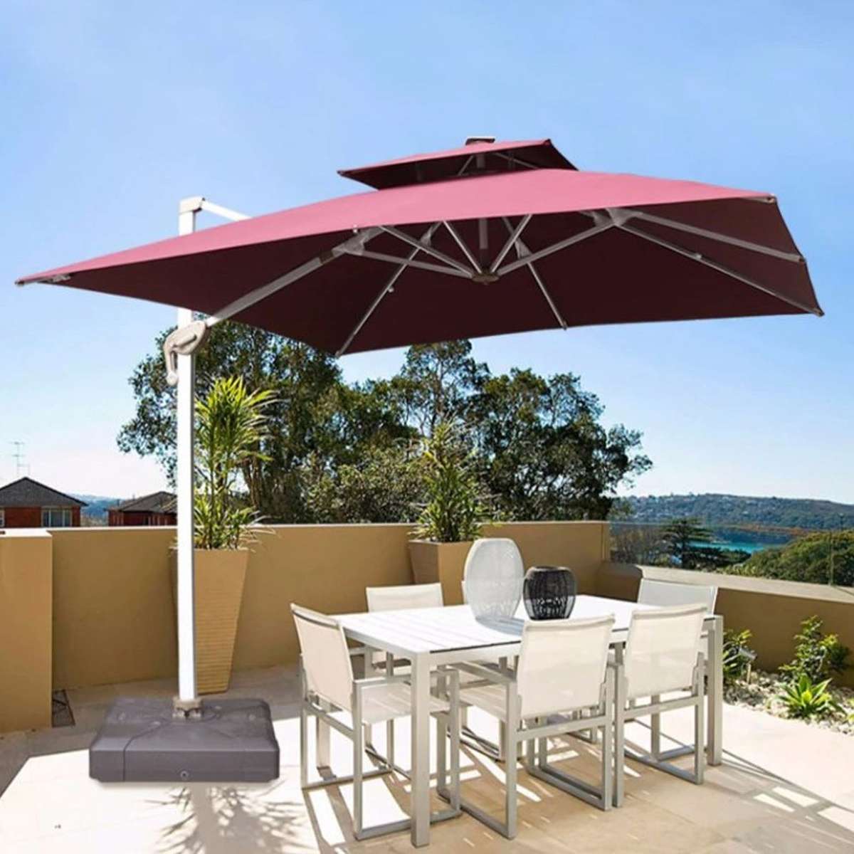 3M Patio Garden Cantilever Umbrella With Lights & Water Base Stand