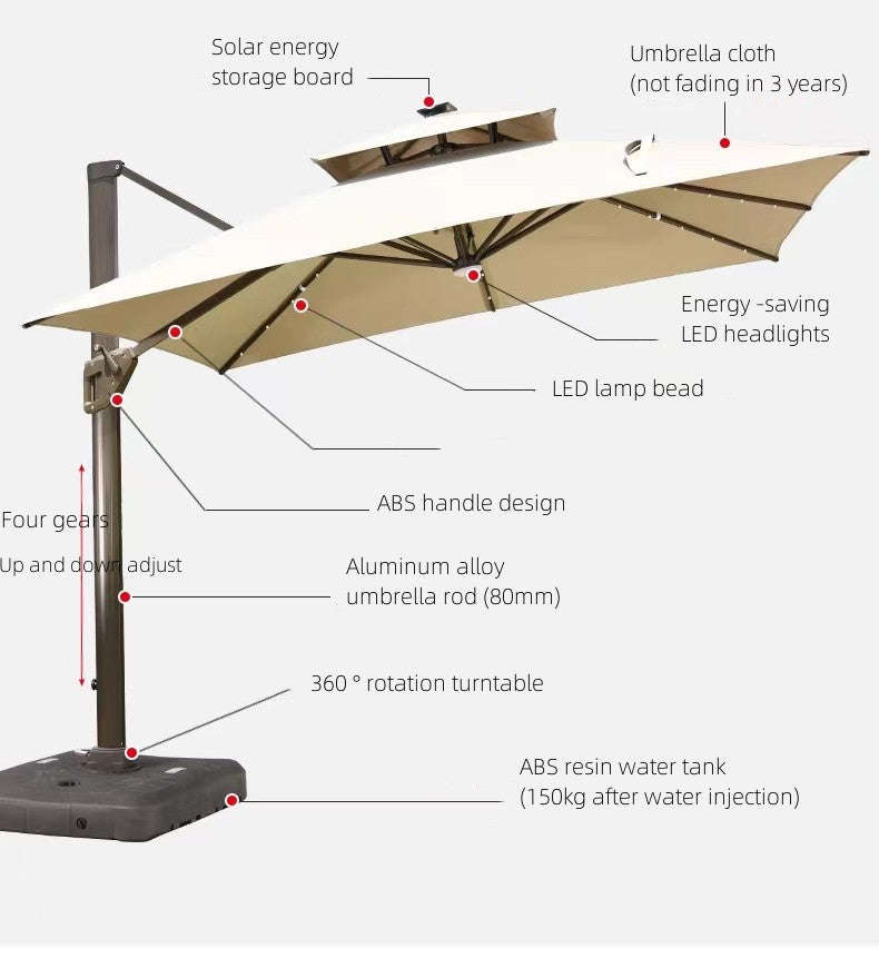 3M Patio Garden Cantilever Umbrella With Lights & Water Base Stand