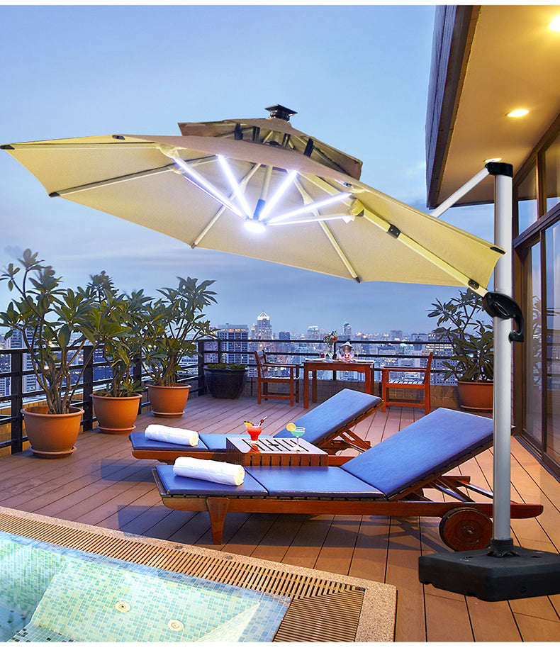 3M Patio Garden Cantilever Umbrella With Lights & Water Base Stand