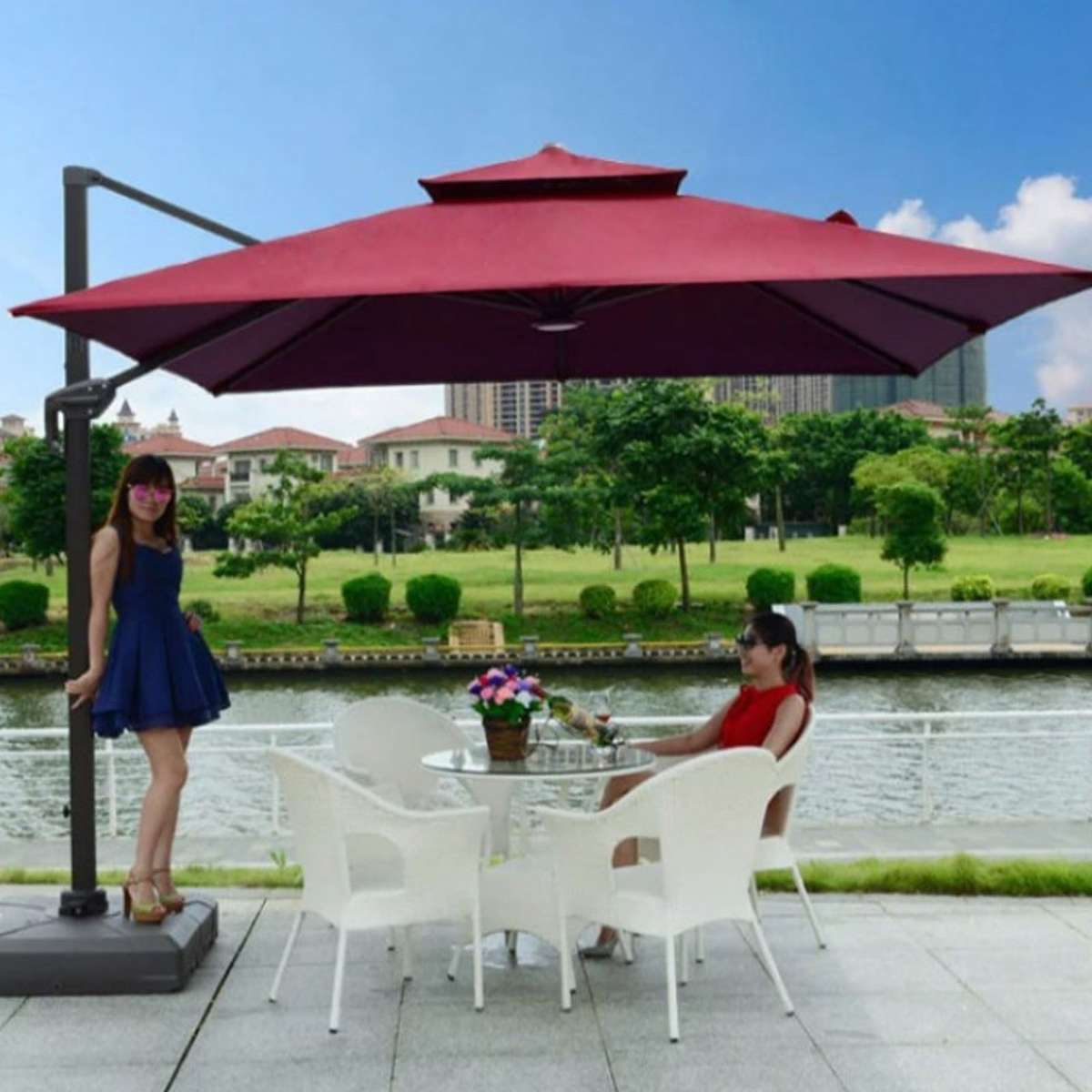 3M Patio Garden Cantilever Umbrella With Water Base Stand